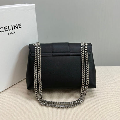 SAC VICTOIRE MOYEN 25 EN CUIR DE VEAU SOUPLE NOIR, QUINCAILLERIE ARGENTÉE