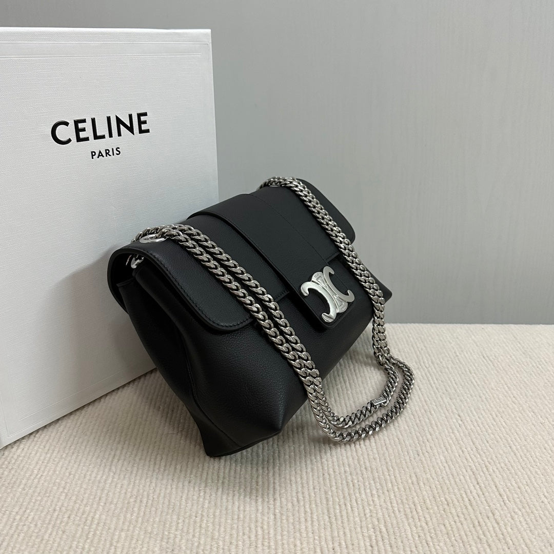 SAC VICTOIRE MOYEN 25 EN CUIR DE VEAU SOUPLE NOIR, QUINCAILLERIE ARGENTÉE