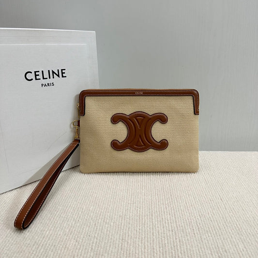 PETITE POCHETTE 25 EN TOILE BEIGE ET CUIR DE VEAU MARRON