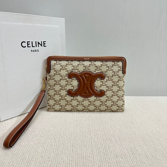 PETITE POCHETTE 25 EN TEXTILE TRIOMPHE BEIGE ET CUIR DE VEAU MARRON