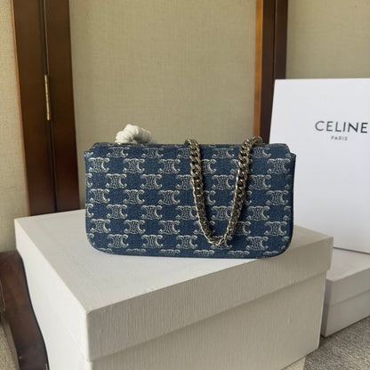 SAC À BANDOULIÈRE CHAÎNE CLAUDE 20 EN DENIM BLEU BAYOUX TRIOMPHE QUINCAILLERIE ARGENTÉE