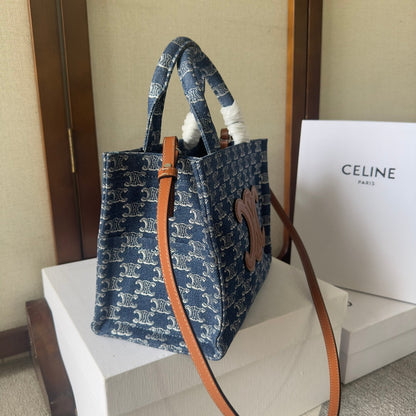 PETIT CABAS THAÏS 25 EN DENIM TRIOMPHE BLEU BAYOUX ET CUIR DE VEAU MARRON BRONZE