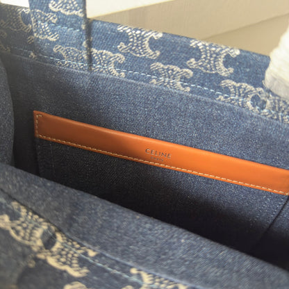 PETIT CABAS THAÏS 25 EN DENIM TRIOMPHE BLEU BAYOUX ET CUIR DE VEAU MARRON BRONZE