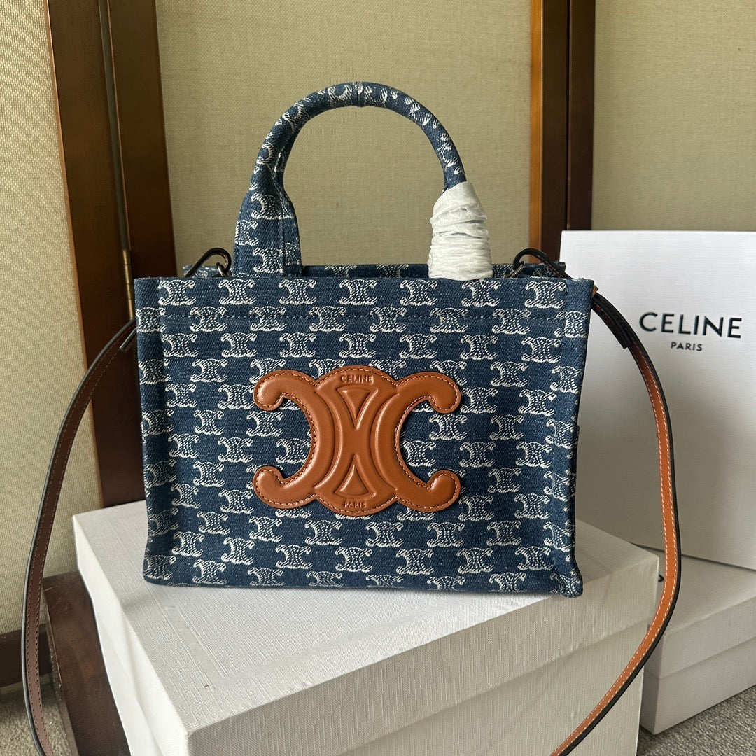 PETIT CABAS THAÏS 25 EN DENIM TRIOMPHE BLEU BAYOUX ET CUIR DE VEAU MARRON BRONZE