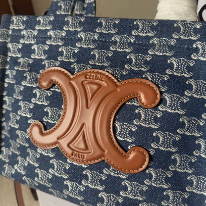 PETIT CABAS THAÏS 25 EN DENIM TRIOMPHE BLEU BAYOUX ET CUIR DE VEAU MARRON BRONZE