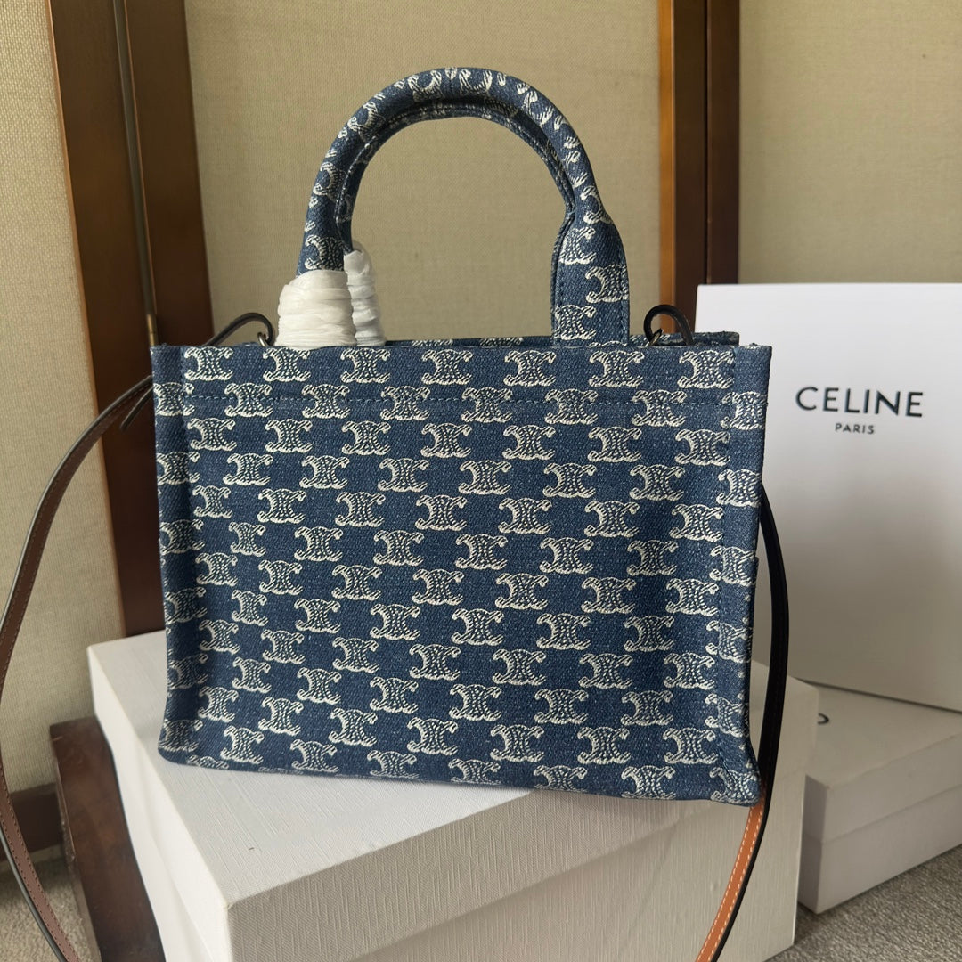 PETIT CABAS THAÏS 25 EN DENIM TRIOMPHE BLEU BAYOUX ET CUIR DE VEAU MARRON BRONZE