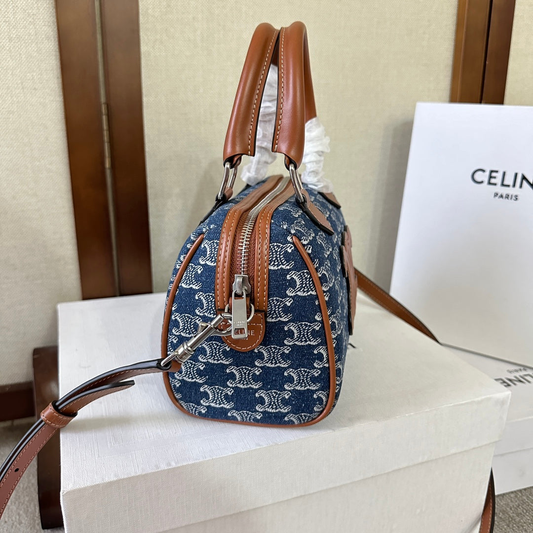 スモール ボストン 19 スペースブルー トリオンフ デニムとブラウン カーフスキントリム