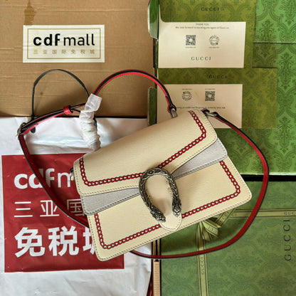 Petit sac à main Dyonysus 24 pouces en cuir de veau beige et rouge, imprimé dragon