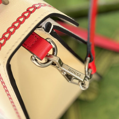 Petit sac à main Dyonysus 24 pouces en cuir de veau beige et rouge, imprimé dragon