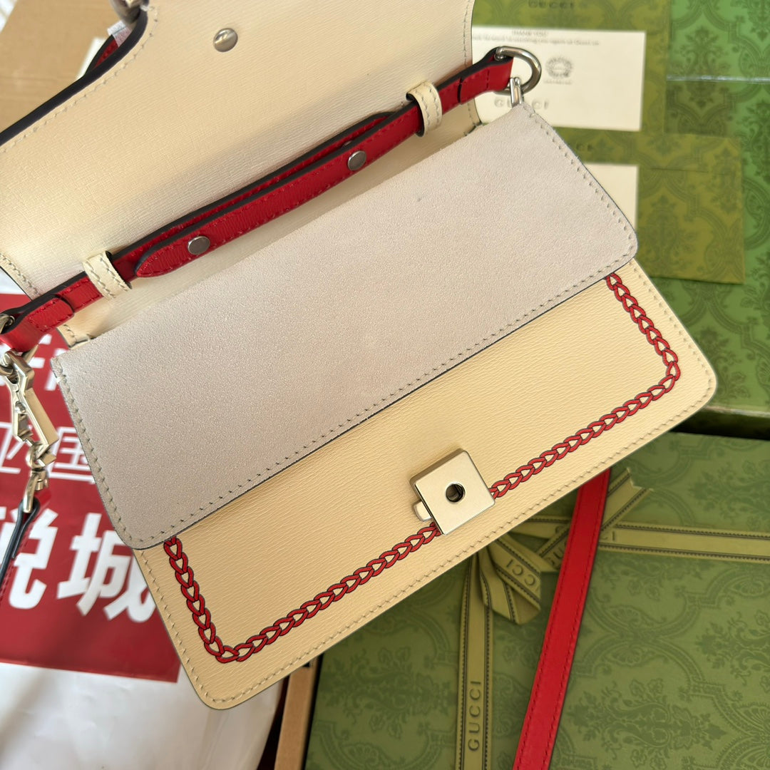 Petit sac à main Dyonysus 24 pouces en cuir de veau beige et rouge, imprimé dragon