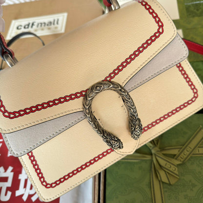 Petit sac à main Dyonysus 24 pouces en cuir de veau beige et rouge, imprimé dragon