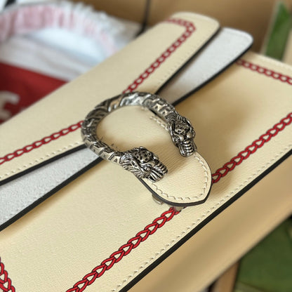 Petit sac à main Dyonysus 24 pouces en cuir de veau beige et rouge, imprimé dragon