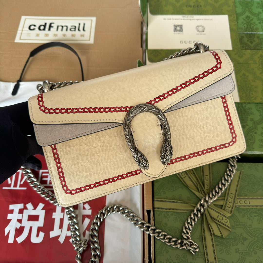 Petit sac bandoulière Dyonysus 25 en cuir de veau beige et rouge avec logo dragon imprimé