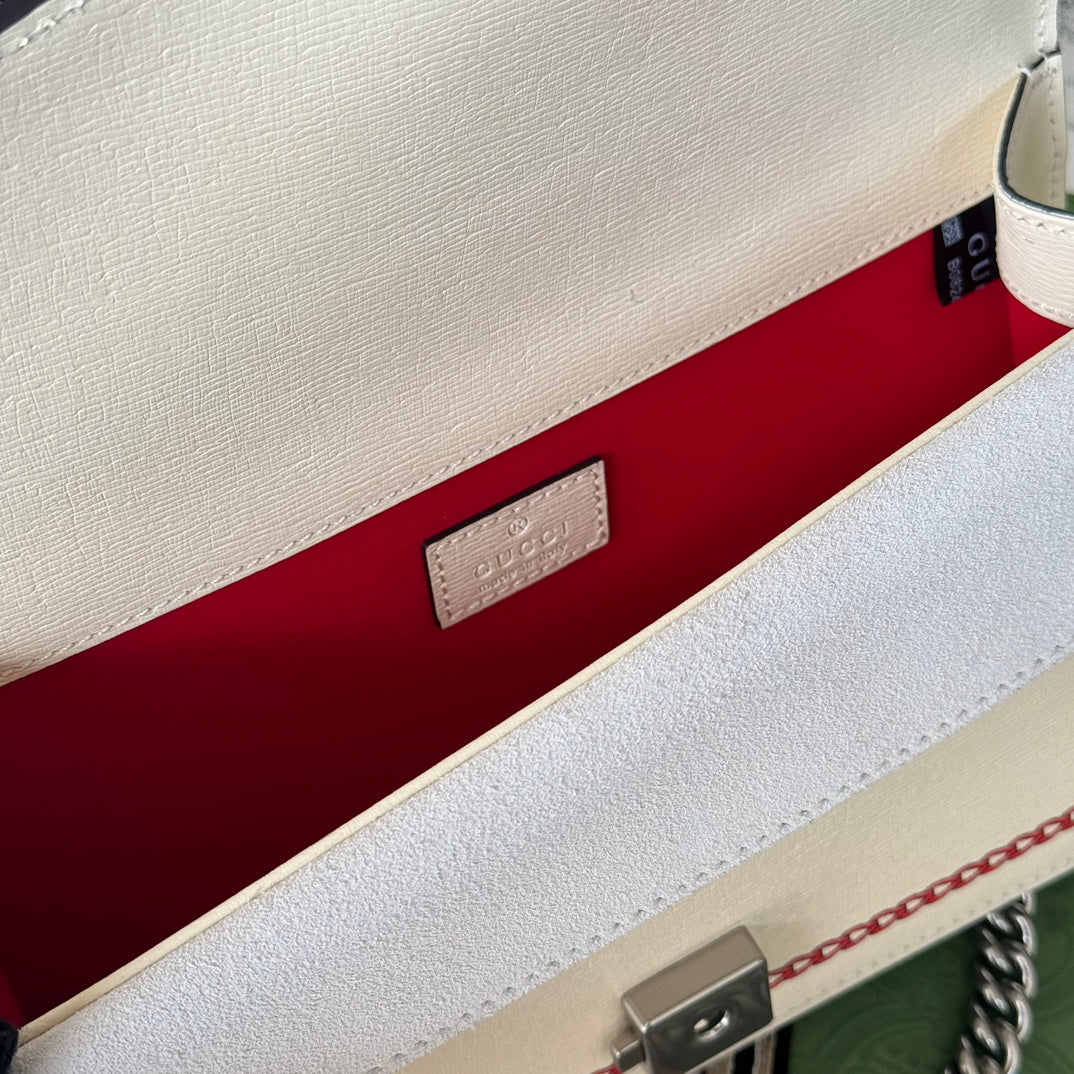 Petit sac bandoulière Dyonysus 25 en cuir de veau beige et rouge avec logo dragon imprimé