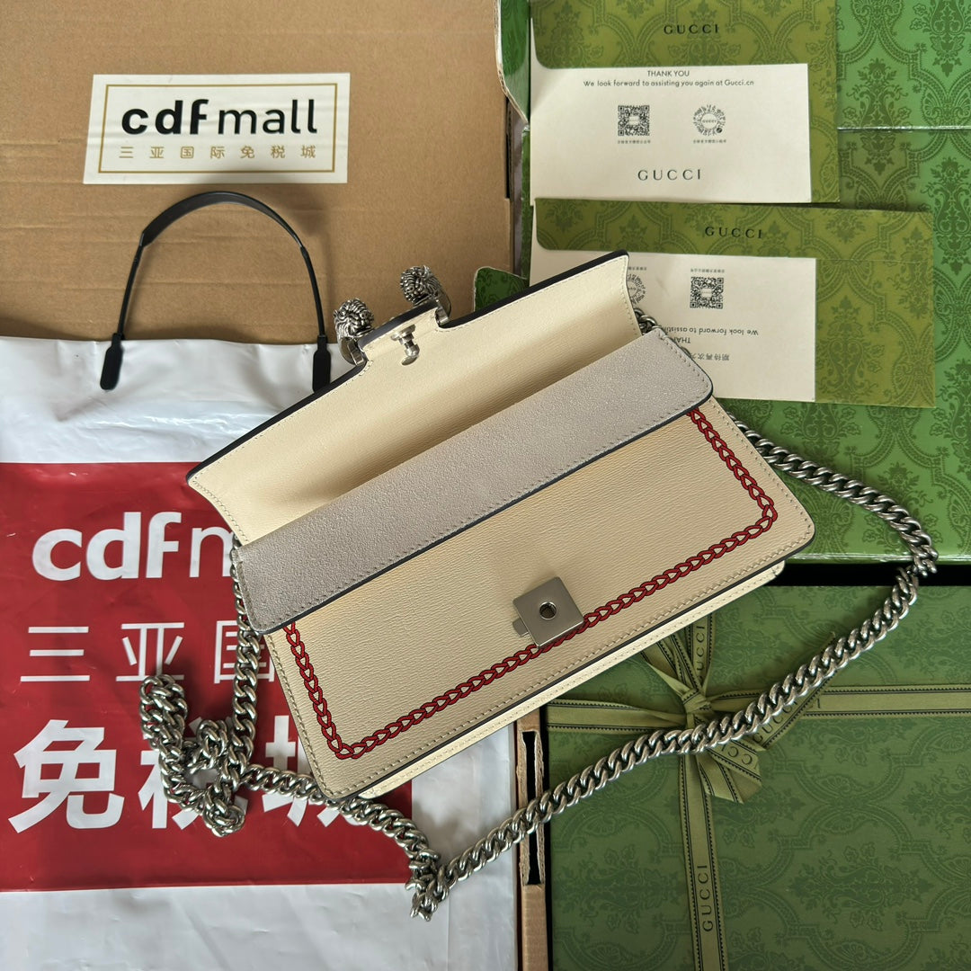 Petit sac bandoulière Dyonysus 25 en cuir de veau beige et rouge avec logo dragon imprimé