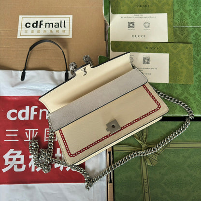 Petit sac bandoulière Dyonysus 25 en cuir de veau beige et rouge avec logo dragon imprimé