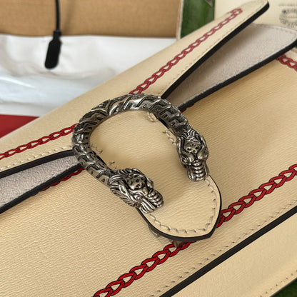 Petit sac bandoulière Dyonysus 25 en cuir de veau beige et rouge avec logo dragon imprimé