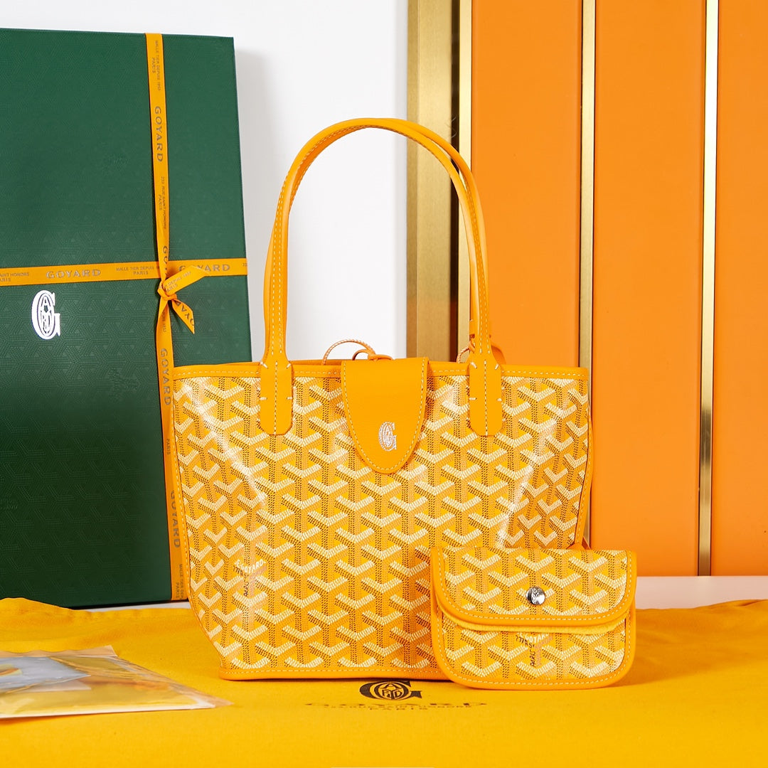 Mini sac Anjou 20 en toile goyardine jaune et cuir de veau