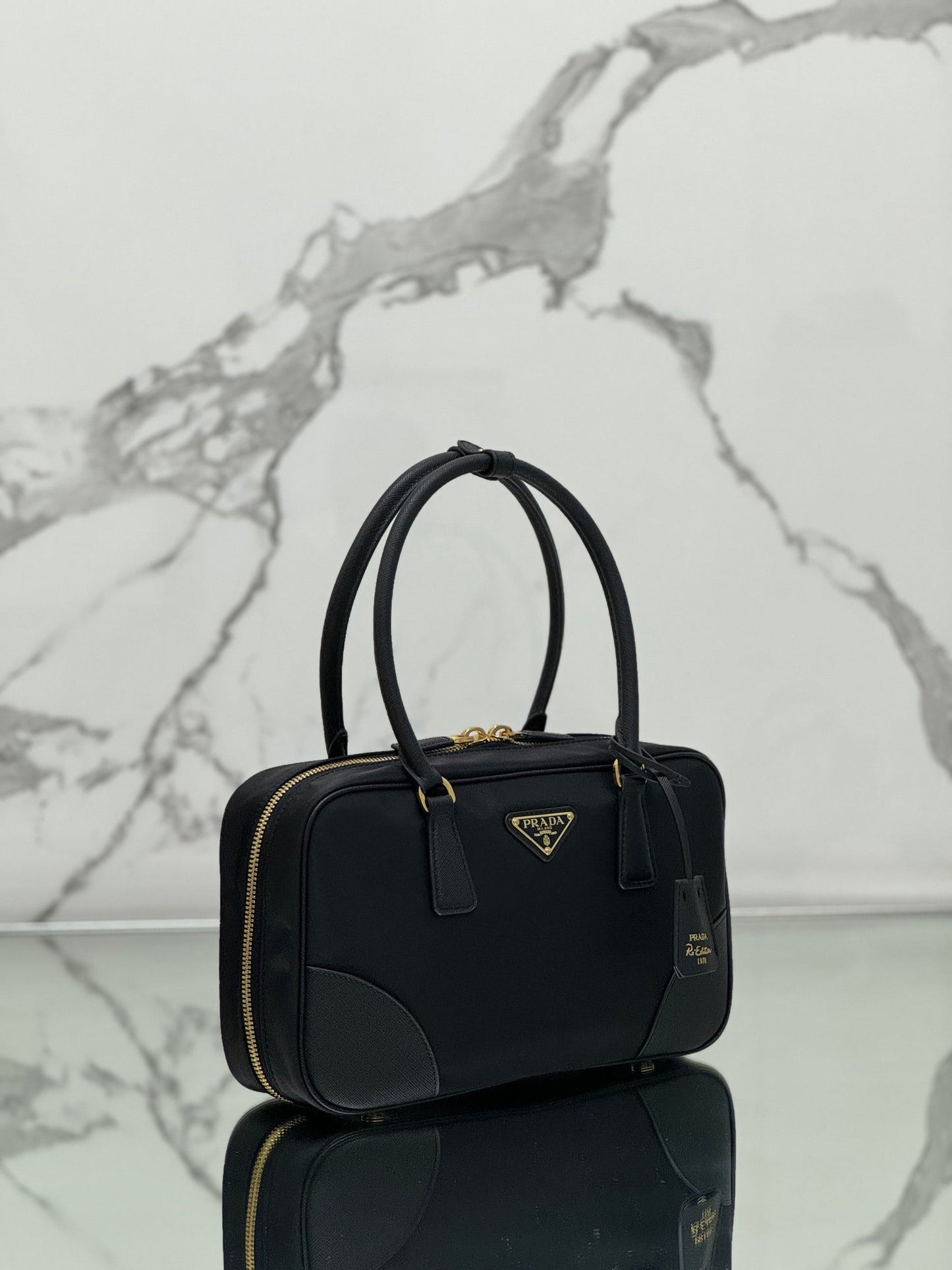SAC À MAIN MOYEN 30 EN NYLON NOIR ET BORDURE EN CUIR DE VEAU