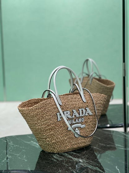 GRAND SAC CABAS 56 EN RAPHIA BEIGE ET BORDURES EN CUIR DE VEAU BLANC