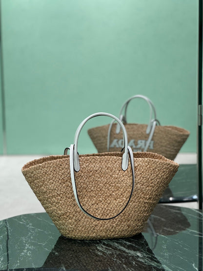 GRAND SAC CABAS 56 EN RAPHIA BEIGE ET BORDURES EN CUIR DE VEAU BLANC