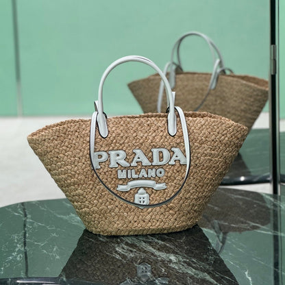 GRAND SAC CABAS 56 EN RAPHIA BEIGE ET BORDURES EN CUIR DE VEAU BLANC