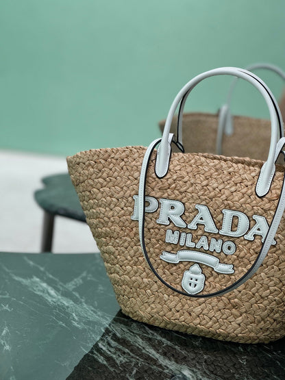 GRAND SAC CABAS 56 EN RAPHIA BEIGE ET BORDURES EN CUIR DE VEAU BLANC