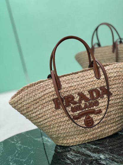 LARGE TOTE BAG 56 IN BEIGE RAFFIA GRASS AND BROWN CALFSKIN TRIM
