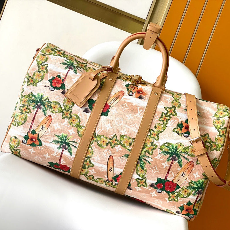 KEEPALL BANDOULIERE 50 サンド トロピカル モチーフ モノグラム サーフィン キャンバス