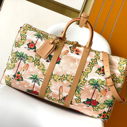 KEEPALL BANDOULIERE 50 サンド トロピカル モチーフ モノグラム サーフィン キャンバス