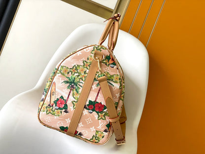 KEEPALL BANDOULIERE 50 サンド トロピカル モチーフ モノグラム サーフィン キャンバス