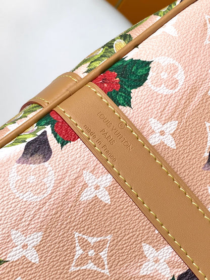 KEEPALL BANDOULIERE 50 サンド トロピカル モチーフ モノグラム サーフィン キャンバス
