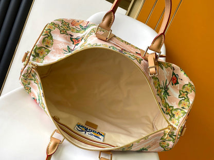 KEEPALL BANDOULIERE 50 サンド トロピカル モチーフ モノグラム サーフィン キャンバス