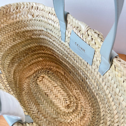 Sac à dos classique souple pour adolescent 21 cm en raphia et cuir de veau bleu nuage