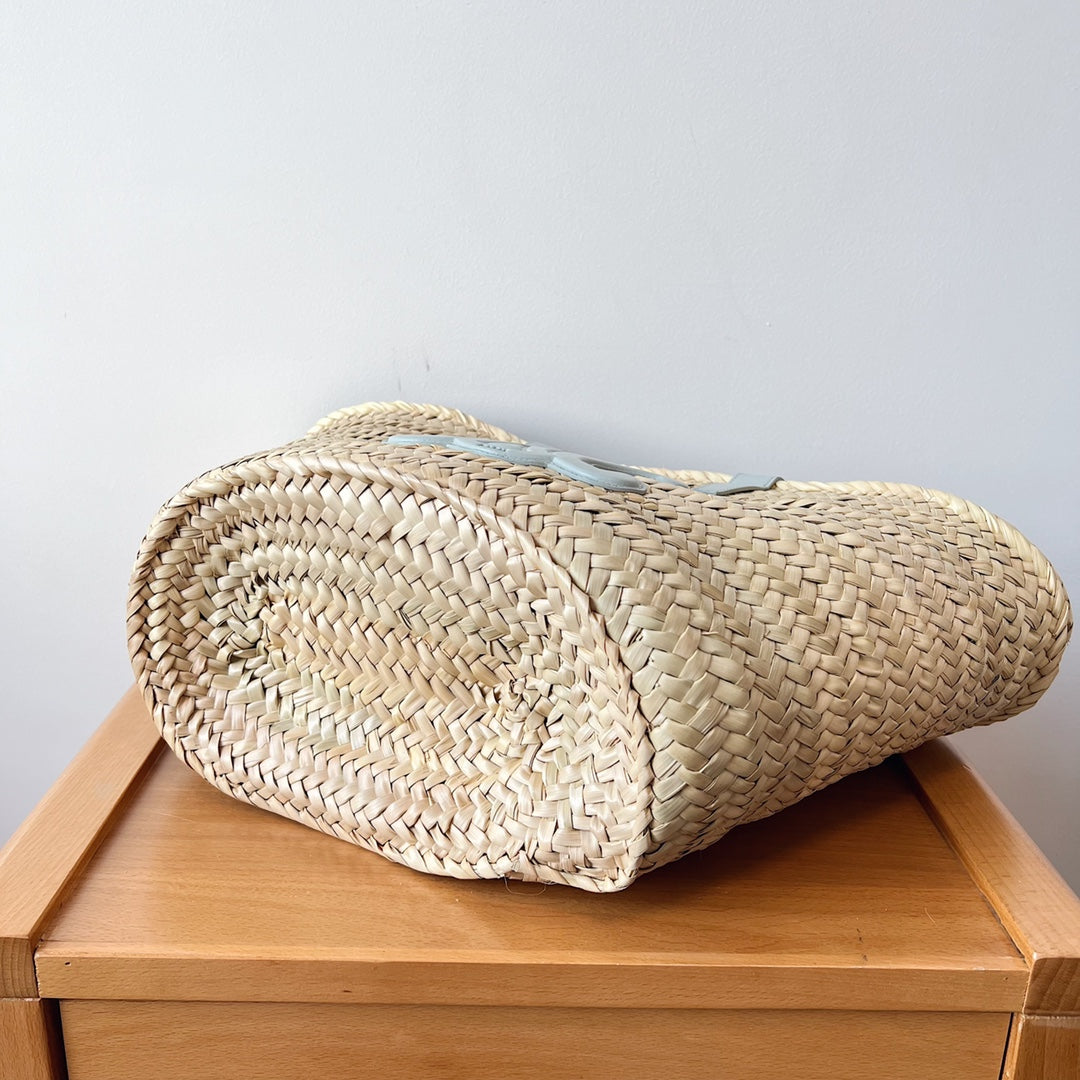 Sac à dos classique souple pour adolescent 21 cm en raphia et cuir de veau bleu nuage