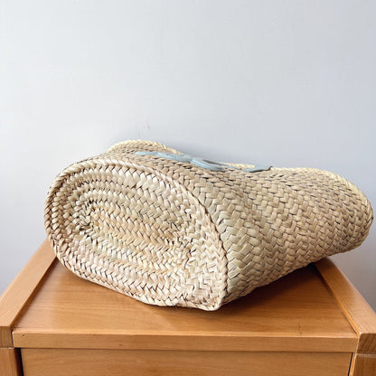 Sac à dos classique souple pour adolescent 21 cm en raphia et cuir de veau bleu nuage