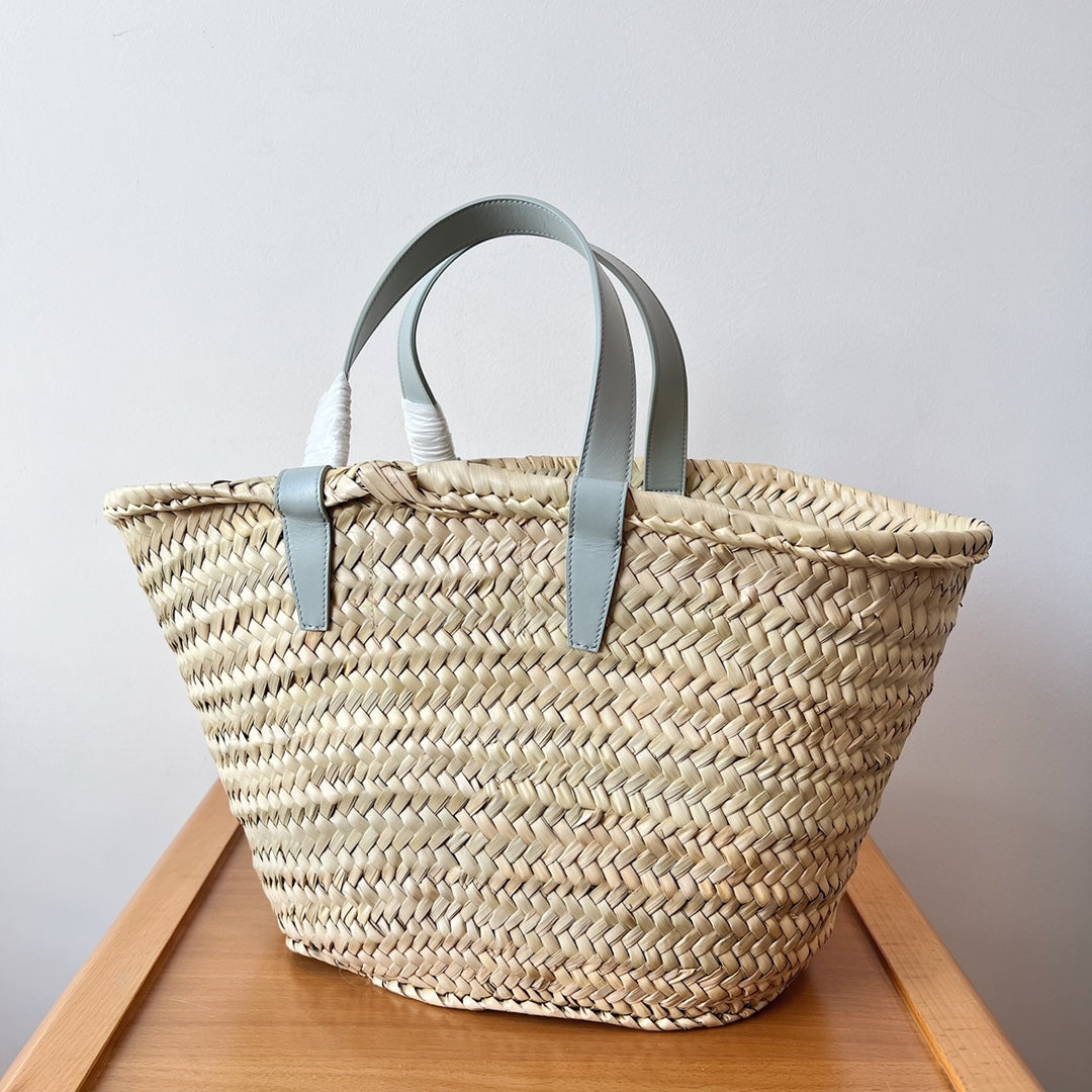 Sac à dos classique souple pour adolescent 21 cm en raphia et cuir de veau bleu nuage