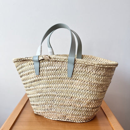 Sac à dos classique souple pour adolescent 21 cm en raphia et cuir de veau bleu nuage