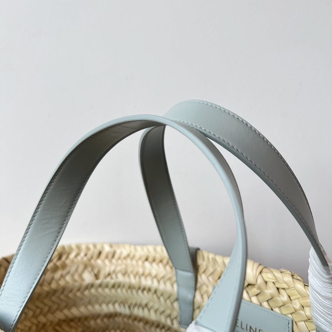 Sac à dos classique souple pour adolescent 21 cm en raphia et cuir de veau bleu nuage