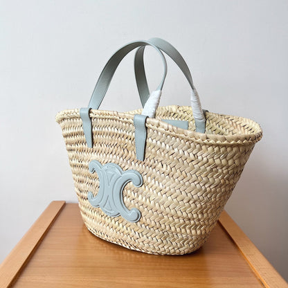Sac à dos classique souple pour adolescent 21 cm en raphia et cuir de veau bleu nuage