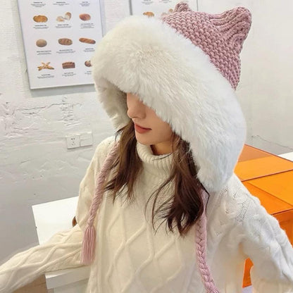 BONNET EN LAINE ROSE CLAIR AVEC OREILLES DE CHAT JAPONAIS 421258