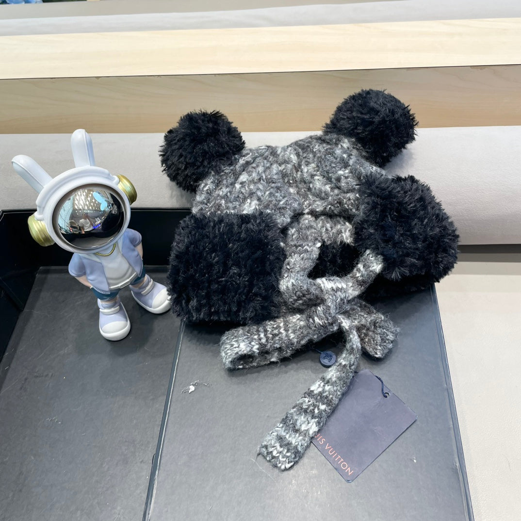 キュートなクマの耳付き、ブラックミックスグレーウールのニットビーニーハット 422498