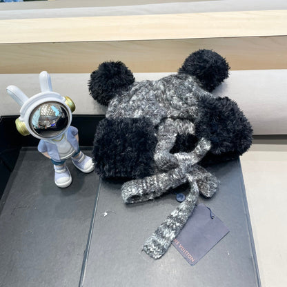 キュートなクマの耳付き、ブラックミックスグレーウールのニットビーニーハット 422498