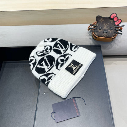 ホワイトミックスブラックウールとラビットファーのニットビーニーハット 426243 