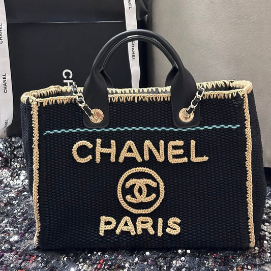 Sac cabas CC Deauville 32 cm beige noir coton crocheté anses cuir 
