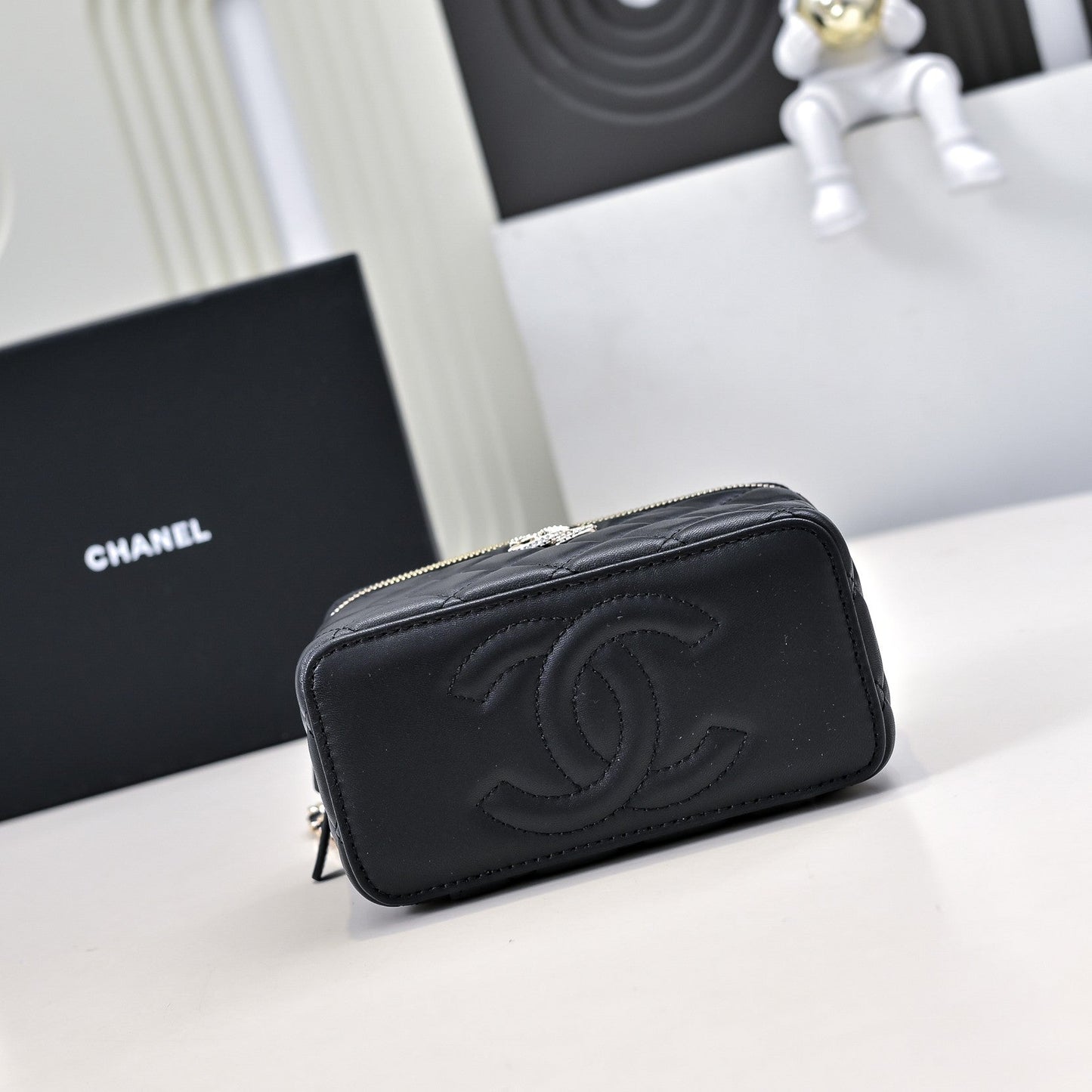 CC 24K バニティトップハンドル 17cm ブラック ラムスキン シルバー金具