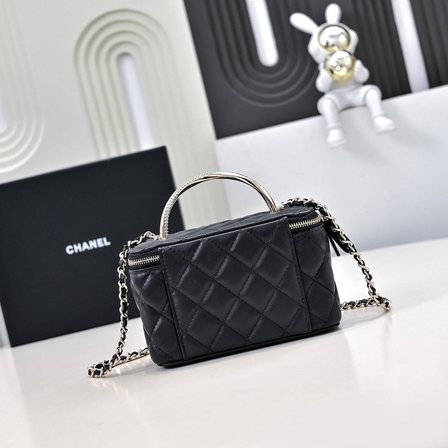 CC 24K バニティトップハンドル 17cm ブラック ラムスキン シルバー金具