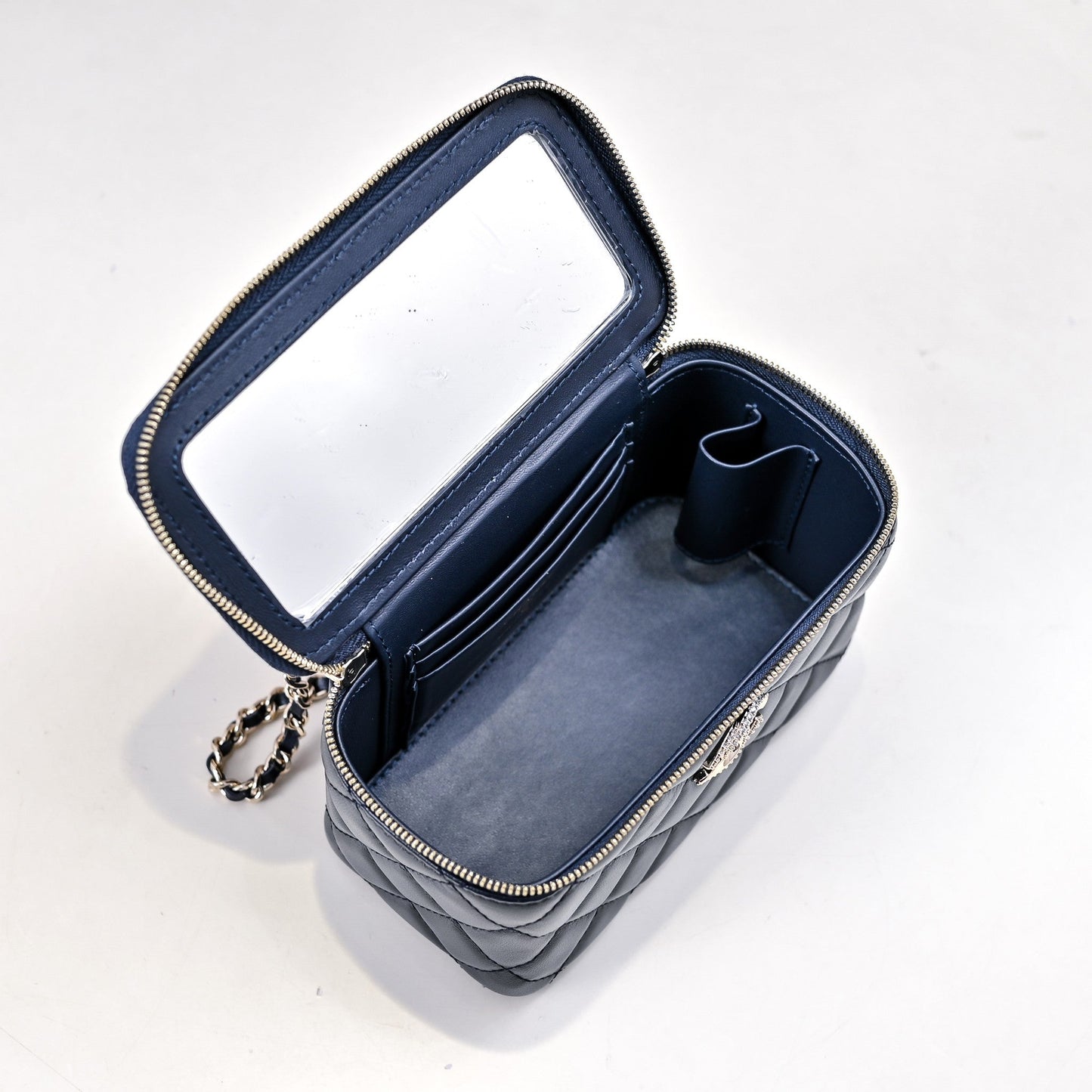 CC 24K バニティトップハンドル 17cm ブルー ラムスキン シルバー金具