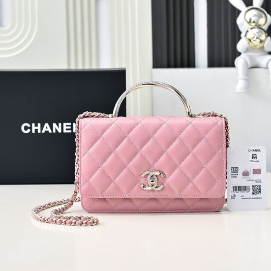 Poignée supérieure CC en cuir d'agneau rose 24 carats, 19 cm, quincaillerie dorée claire 