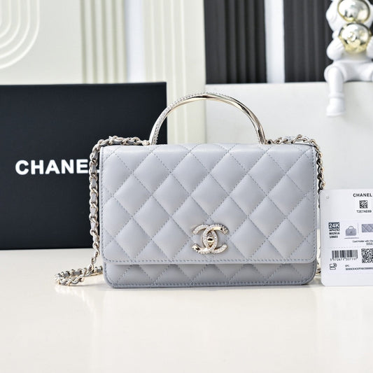 Poignée supérieure CC 24K Woc 19 cm en cuir d'agneau gris clair et quincaillerie or clair